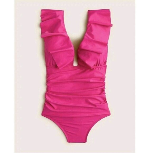 J. Crew Pink Fushia One Piece Swim Suit Ruched Ruffle V Neck Women's 2 (859) - Picture 1 of 6